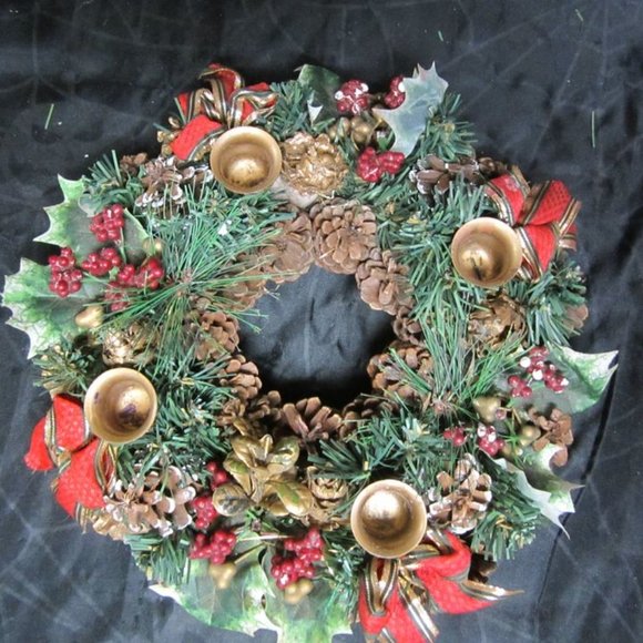 RETRO 70'S PINECONE WREATH CANDLE CENTERPIECE HOLDS 4 TAPERED CANDLES IN HOLDERS - Picture 6 of 6